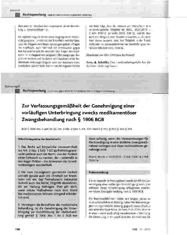 Vorschauseite 1: Zur Verfassungsgemäßiheit der Genehmigung einer vorläufigen Unterbringung zwecks medikamentöser Zwangsbehandlung nach § 1906 BGB