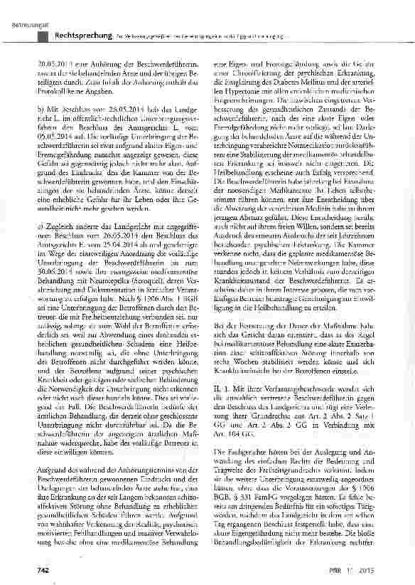 Vorschauseite 5: Zur Verfassungsgemäßiheit der Genehmigung einer vorläufigen Unterbringung zwecks medikamentöser Zwangsbehandlung nach § 1906 BGB