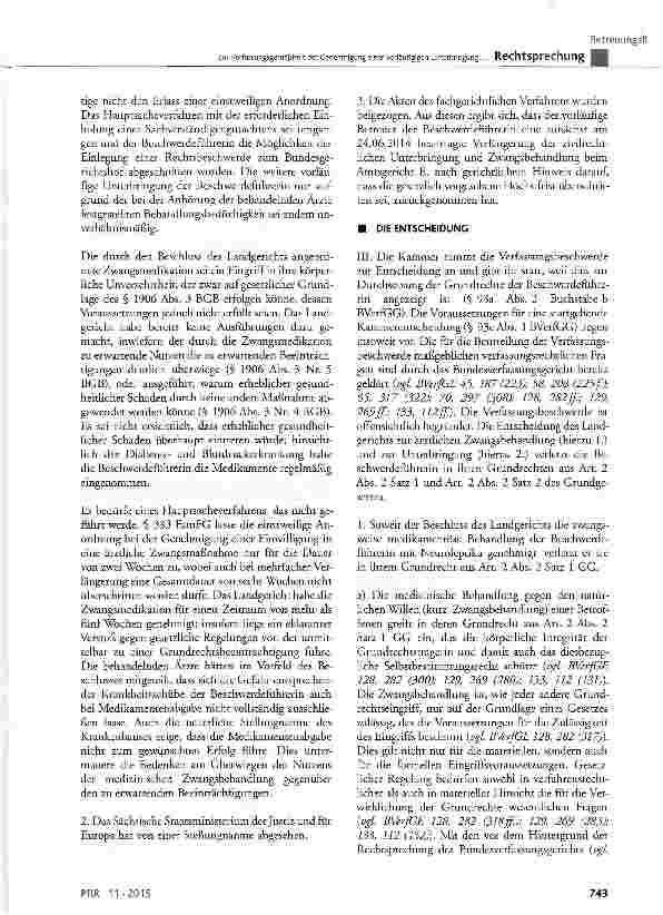 Vorschauseite 6: Zur Verfassungsgemäßiheit der Genehmigung einer vorläufigen Unterbringung zwecks medikamentöser Zwangsbehandlung nach § 1906 BGB