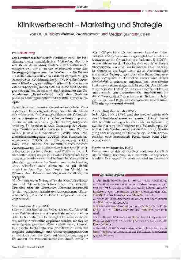 Vorschauseite 1: Klinikwerberecht - Marketing und Strategie