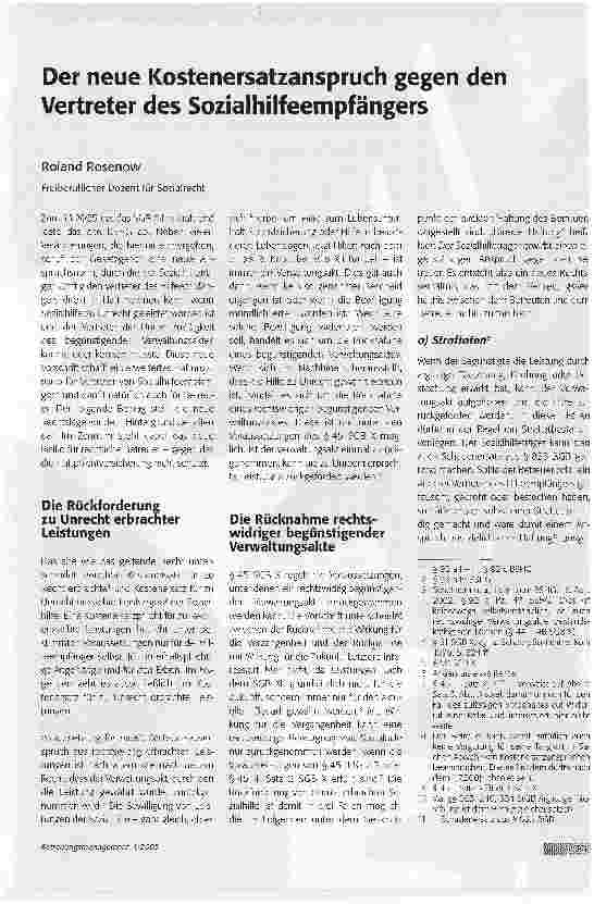 Vorschauseite 1: Der neue Kostenersatzanspruch gegen den Vertreter des Sozialhilfeempfängers