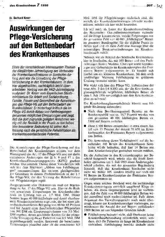 Vorschauseite 1: Auswirkungen der Pflege-Versicherung auf den Bettenbedarf des Krankenhauses
