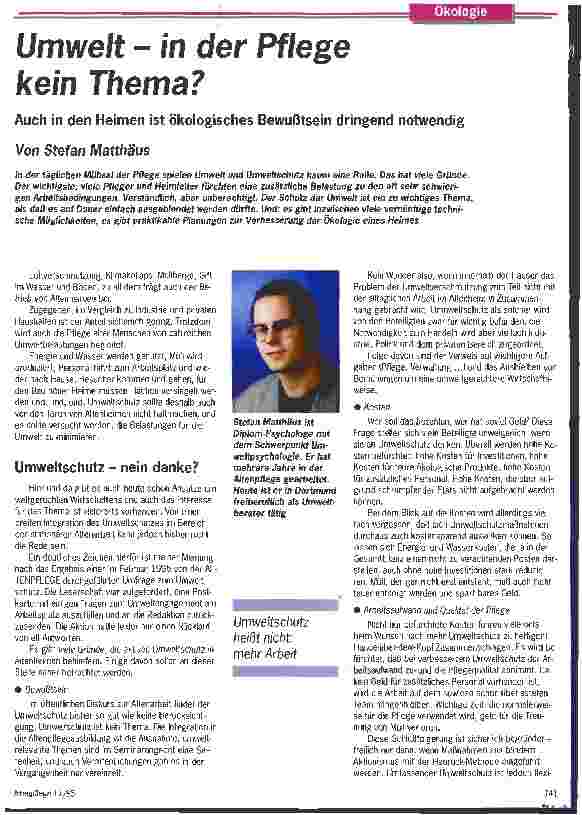Vorschauseite 1: Umwelt - in der Pflege kein Thema? Auch in den Heimen ist ökologisches Bewußtsein dringend notwendig