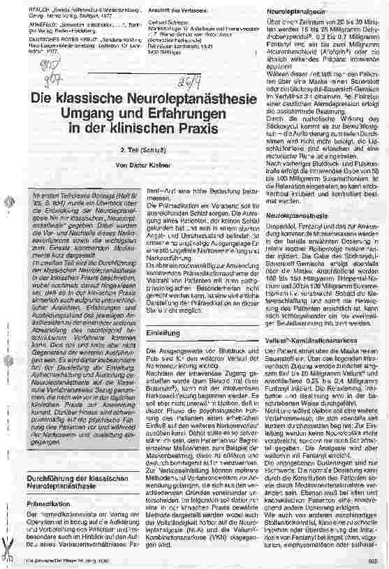 Vorschauseite 1: Die klassische Neuroleptanästhesie/Umgang und Erfahrungen in der klinischen Praxis