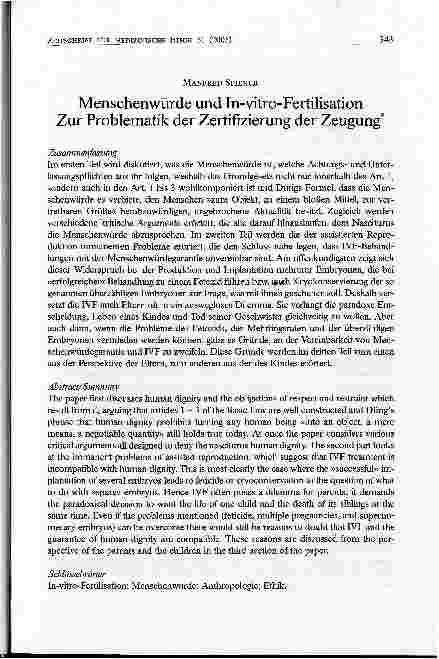 Vorschauseite 1: Menschenwürde und In-vitro-FertilisationZur Problematik der Zertifizierung der Zeugung