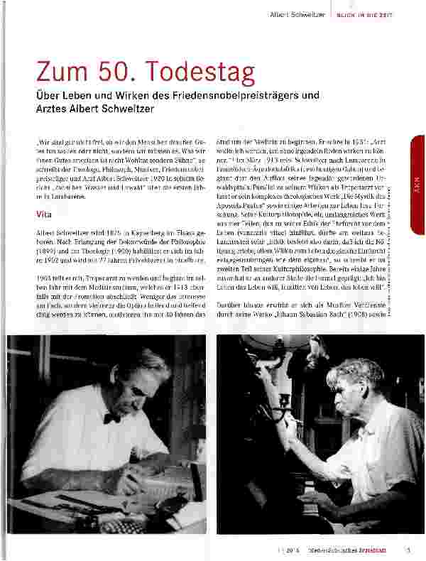 Vorschauseite 1: Zum 50. Todestag Über Leben und Wirken des Friedensnobelpreisträgers und Arztes Albert Schweitzer