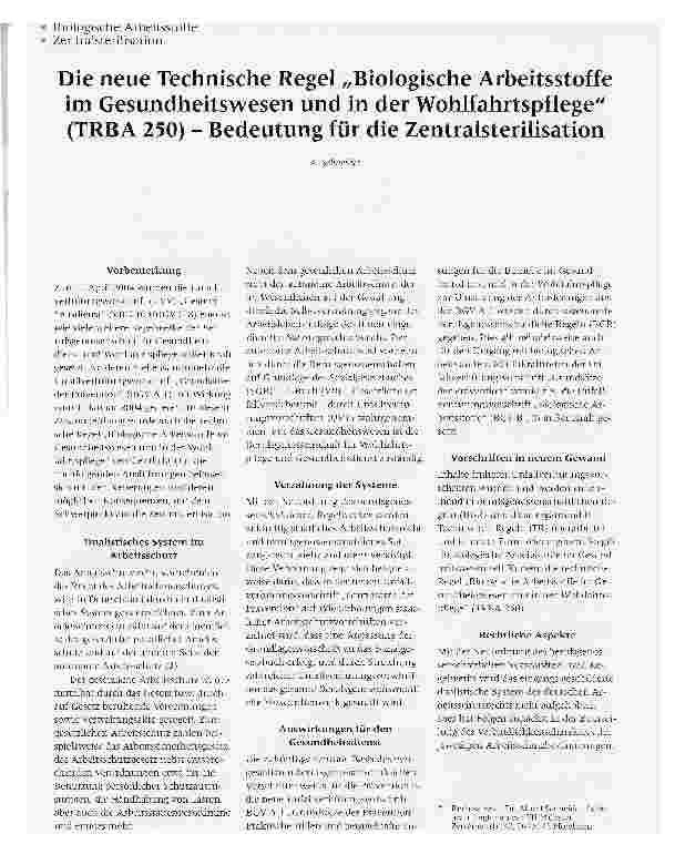 Vorschauseite 1: Die neue Technische Regel Biologische Arbeitsstoffe im Gesundheitswesen und in der Wohlfahrtspflege (TRBA 250) - Bedeutung für die Zentralsterilisation