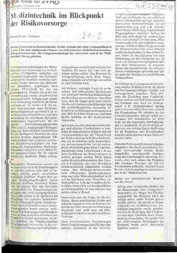 Vorschauseite 1: Medizintechnik im Blickpunkt der Risikovorsorge