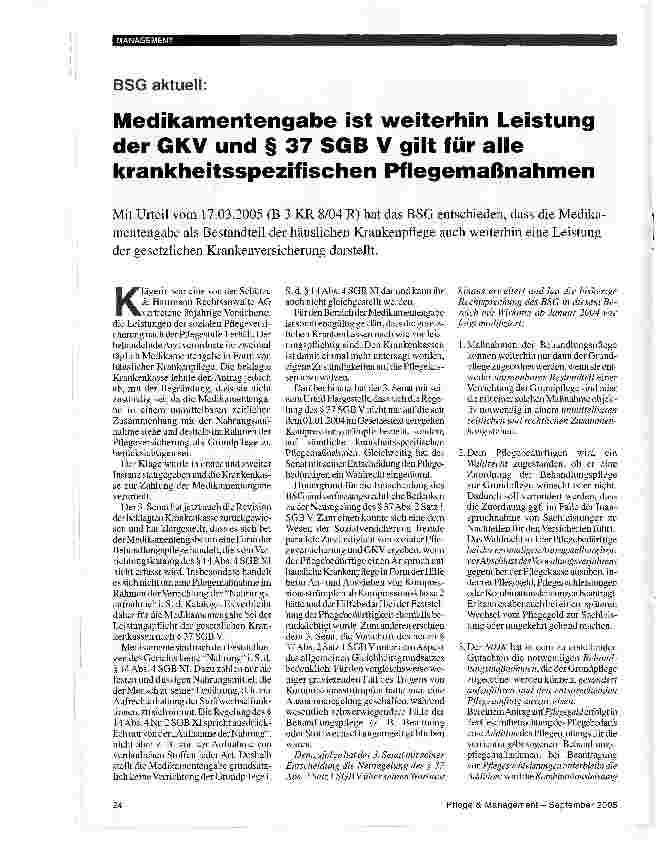 Vorschauseite 1: Medikamentengabe ist weiterhin Leistung der GKV und § 37 SGB V gilt für alle krankheitsspezifischen Pflegemaßnahmen
