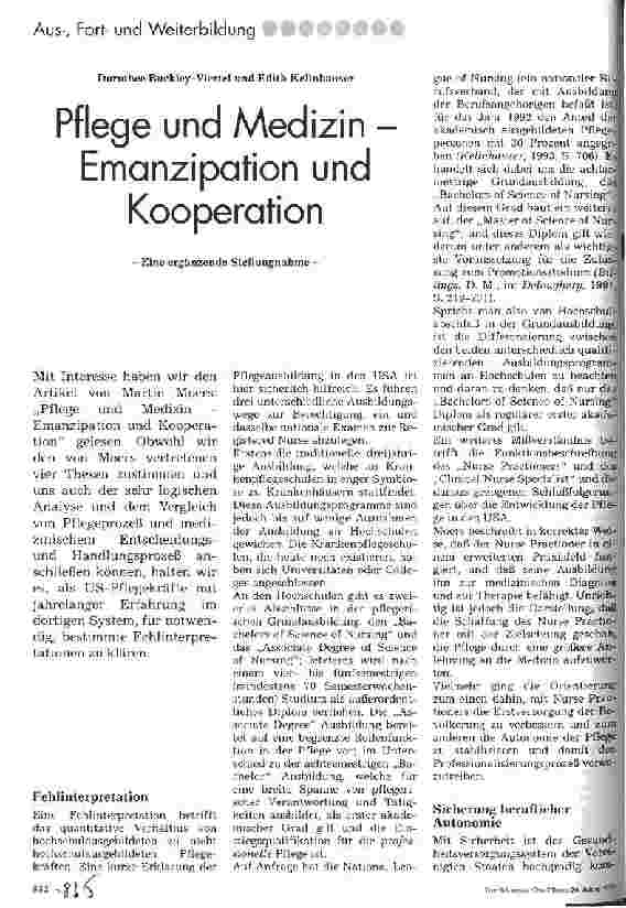 Vorschauseite 1: Pflege und Medizin - Emanzipation und Kooperation Eine ergänzende Stellungnahme