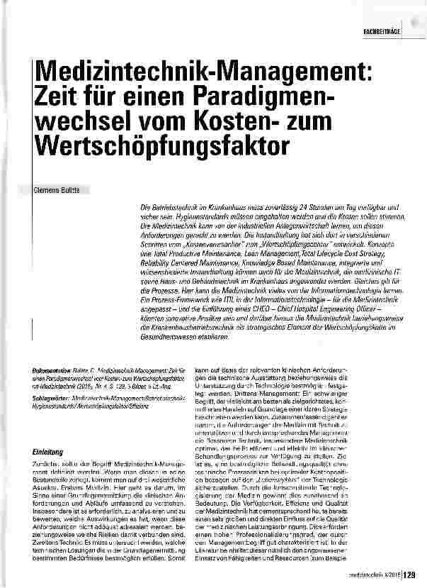 Vorschauseite 1: Medizintechnik-Management Zeit für einen Paradigmenwechsel vom Kostenzum Wertschöpfungsfaktor