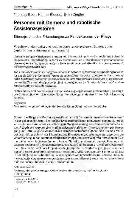 Vorschauseite 1: Personen mit Demenz und robotische Assistenzsysteme