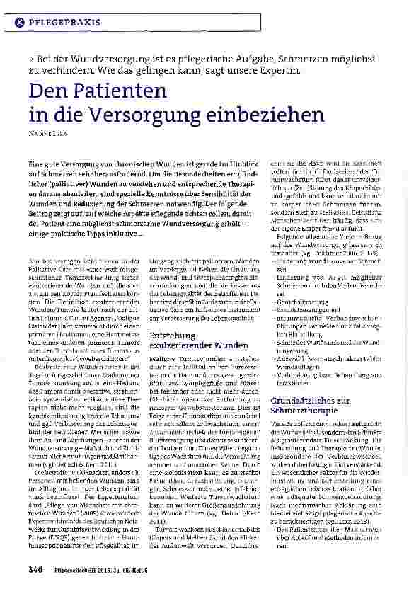 Vorschauseite 1: Bei der Wundversorgung ist es pflegerische Aufgabe, Schmerzen möglichst zu verhindern. Wie das gelingen kann, sagt unsere Expertin. Den Patientenin die Versorgung einbeziehen