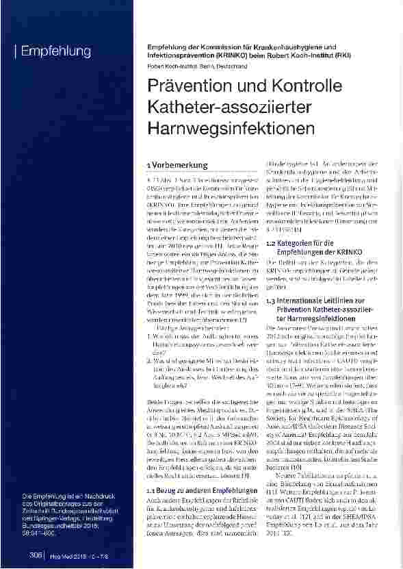 Vorschauseite 1: Prävention und Kontrolle Katheter-assoziierter Harnwegsinfektionen