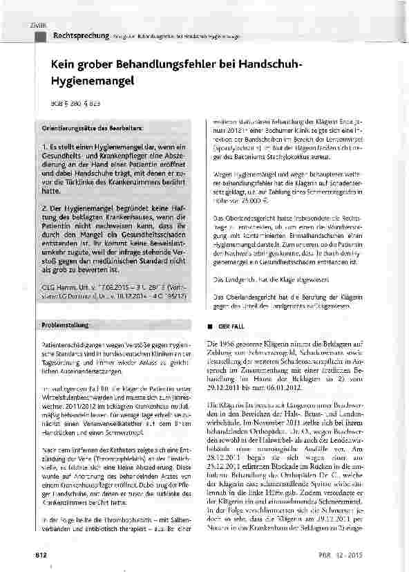 Vorschauseite 1: Kein grober Behandlungsfehler bei Handschuh-Hygienemangel