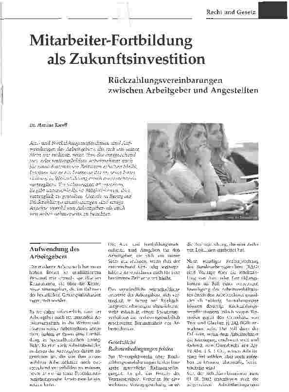 Vorschauseite 1: Mitarbeiter-Fortbildung als ZukunftsinvestitionRückzahlungsvereinbarungen zwischen Arbeitgeber und Angestellten
