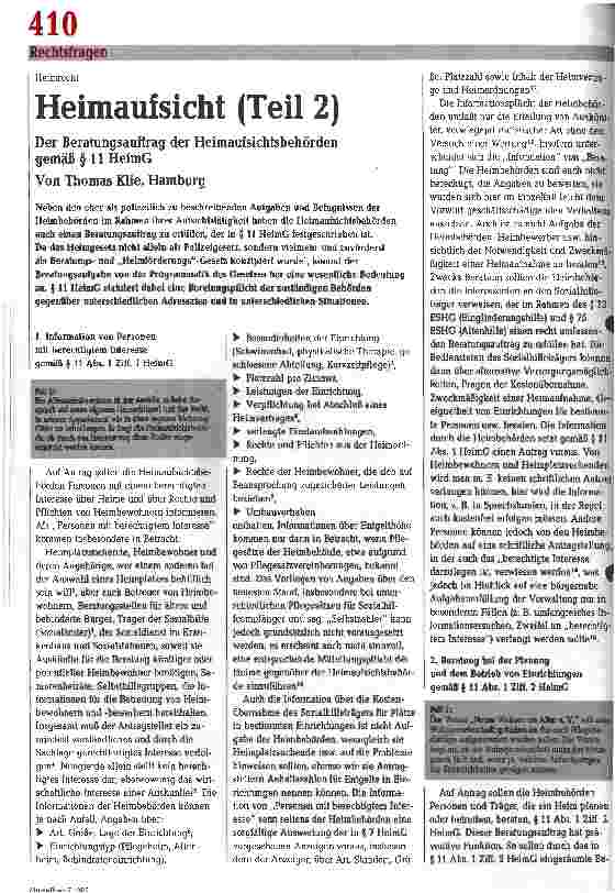 Vorschauseite 1: Heimaufsicht (Teil 2) Der Beratungsauftrag der Heimaufsichtsbehörden gemäß Parag. 11 HeimG.