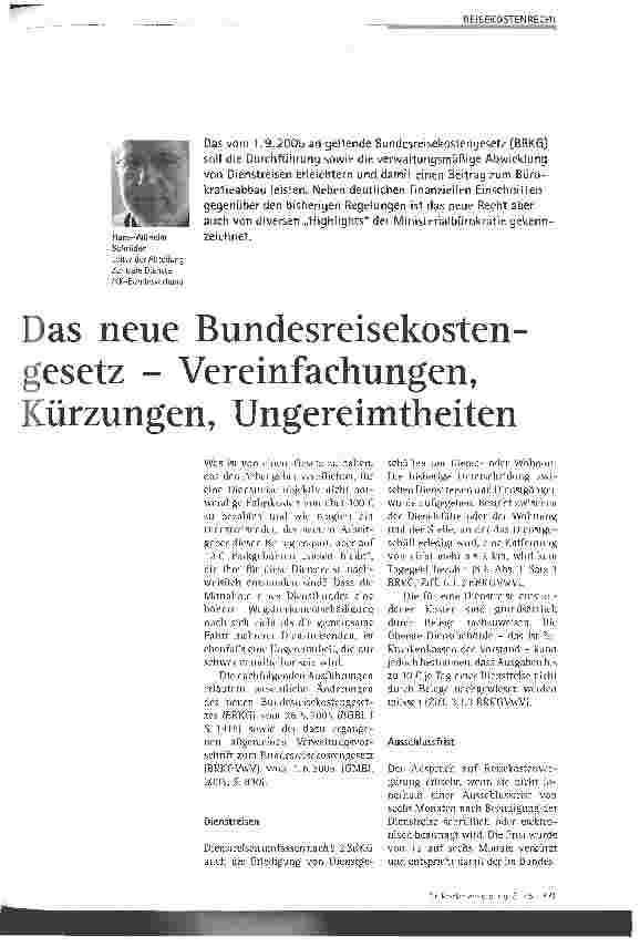 Vorschauseite 1: Das neue Bundesreisekostengesetz - Vereinfachungen, Kürzungen, Ungereimtheiten