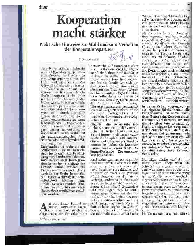 Vorschauseite 1: Kooperation macht stärker Praktische Hinweise zur Wahl und Verhalten der Kooperationspartner
