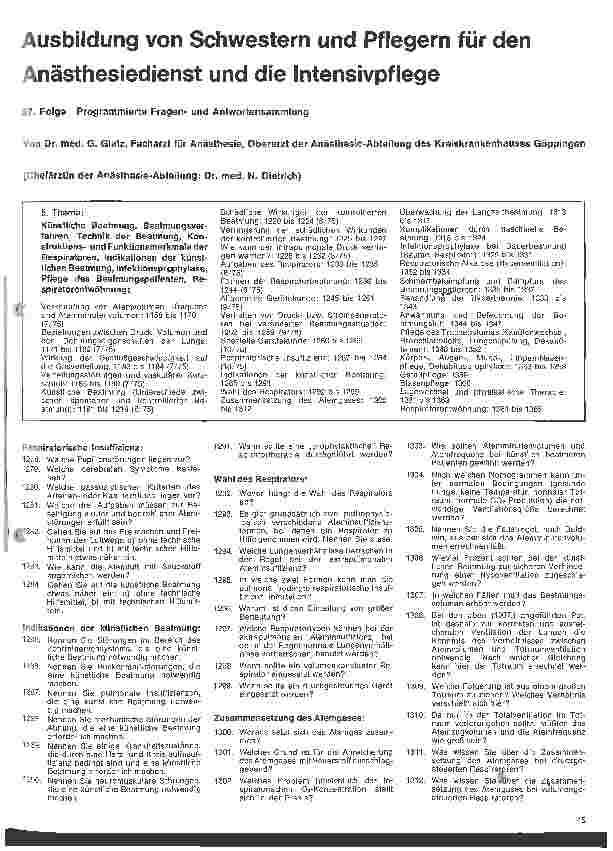 Vorschauseite 1: Ausbildung von Schwestern und Pflegern für den Anästhesiedienst und die Intensivpflege. 37.Folge: Programmierte Fragen und Antworten