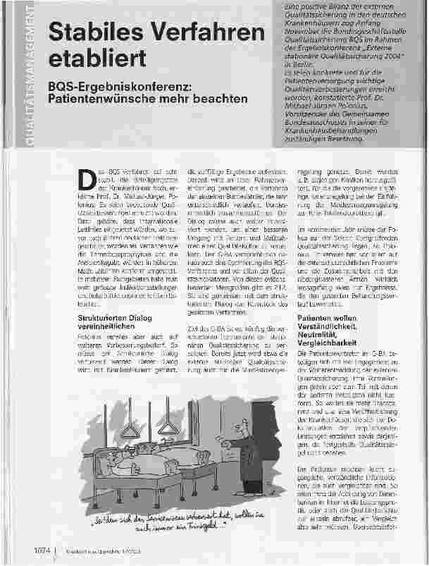 Vorschauseite 1: Stabiles Verfahren etabliertBQS-Ergebniskonferenz: Patientenwünsche mehr beachten