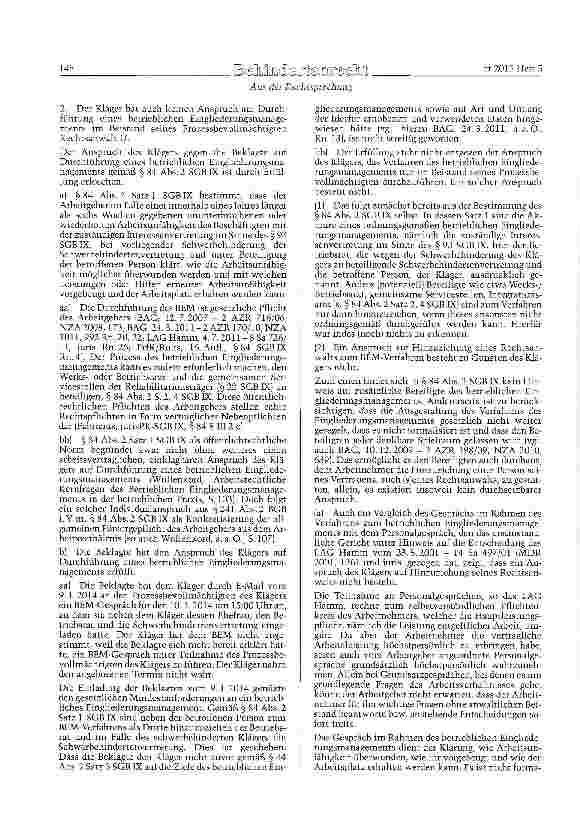 Vorschauseite 2: Präventionsverfahren - Betriebliches Eingliederungsmanagement - Teilnahmerecht eines Rechtsanwalts SGB IX §§ 84 Abs. 1 u. 2; BGB § 241 Abs. 2