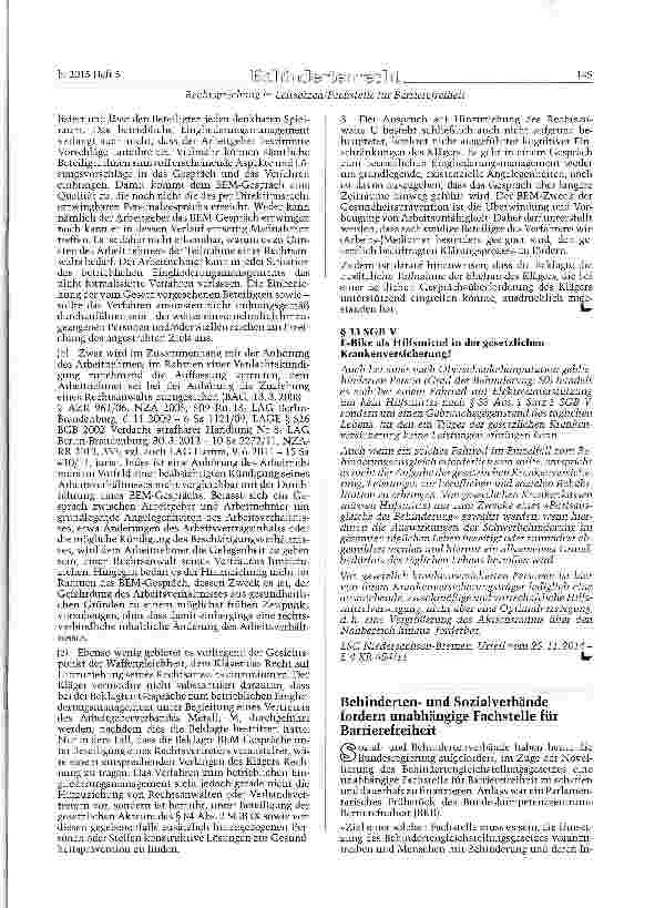 Vorschauseite 3: Präventionsverfahren - Betriebliches Eingliederungsmanagement - Teilnahmerecht eines Rechtsanwalts SGB IX §§ 84 Abs. 1 u. 2; BGB § 241 Abs. 2