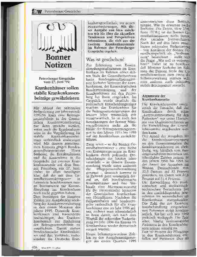 Vorschauseite 1: Petersberger Gespräche vom 27.6.1995: Krankenhäuser sollen stabile Krankenkassenbeiträge gewährleisten