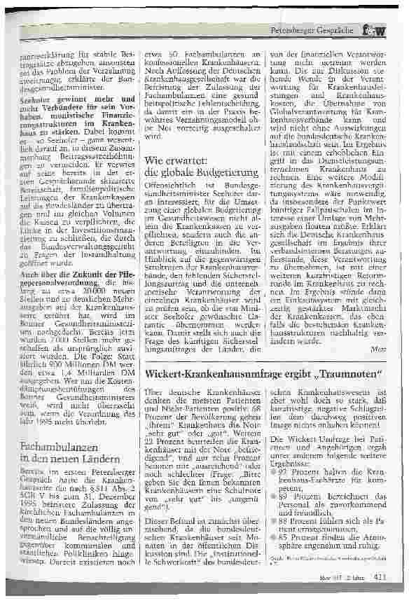 Vorschauseite 4: Petersberger Gespräche vom 27.6.1995: Krankenhäuser sollen stabile Krankenkassenbeiträge gewährleisten
