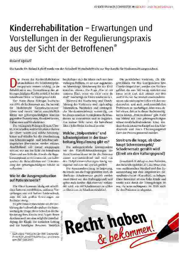 Vorschauseite 1: Kinderrehabilitation - Erwartungen und Vorstellungen in der Regulierungspraxis aus der Sicht der Betroffenen
