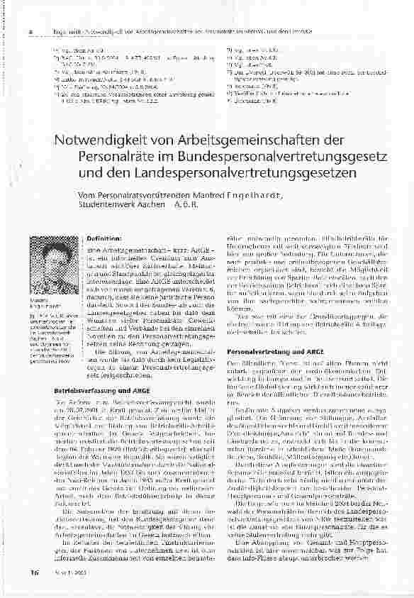 Vorschauseite 1: Notwendigkeit von Arbeitsgemeinschaften derPersonalräte im Bundespersonalvertretungsgesetz und den LandespersonalvertretungsgesetzenVom Personalratsvorsitzenden Manfred Engelhardt…