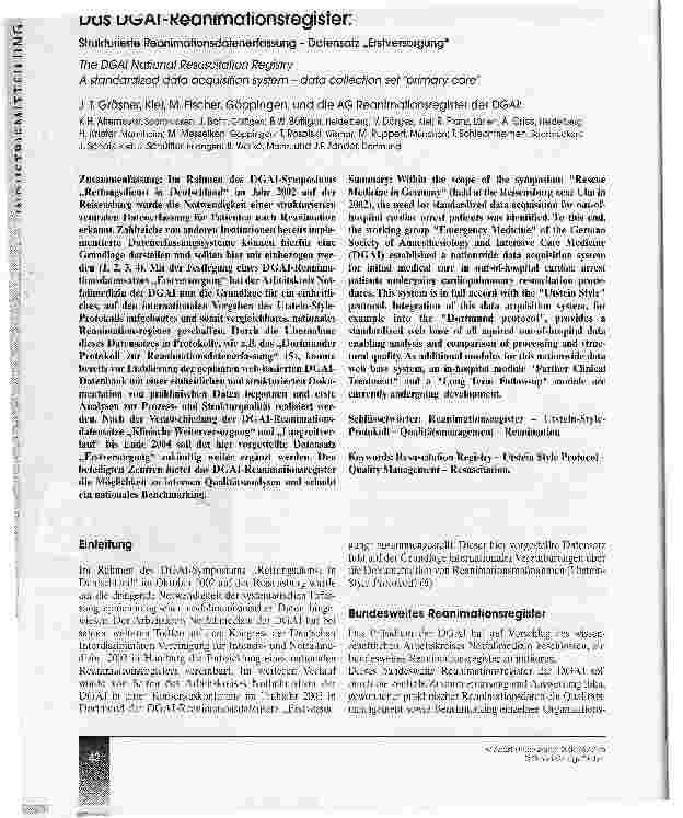Vorschauseite 1: Das DGAI-Reanimationsregister: Strukturierte Reanimationsdatenerfassung - Datensatz Erstversorgung