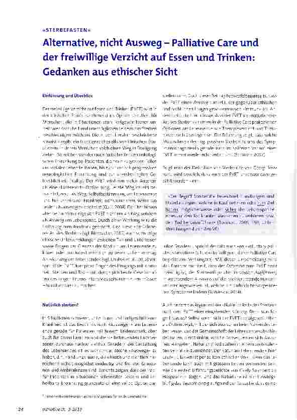 Vorschauseite 1: Alternative, nicht Ausweg - Palliative Care und der freiwillige Verzicht auf Essen und Trinken: Gedanken aus ethischer Sicht
