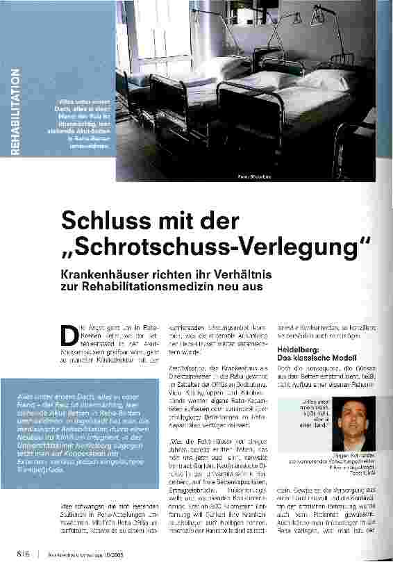 Vorschauseite 1: Schluss mit der Schrotschuss-VerlegungKrankenhäuser richten ihr Verhältnis zur Rehabilitationsmedizin neu aus