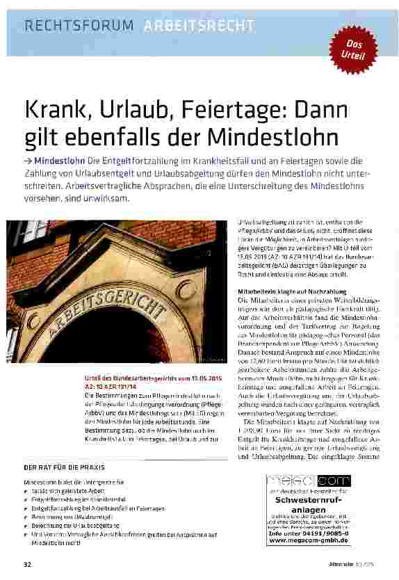 Vorschauseite 1: Krank, Urlaub, Feiertage: Dann gilt ebenfalls der Mindestlohn