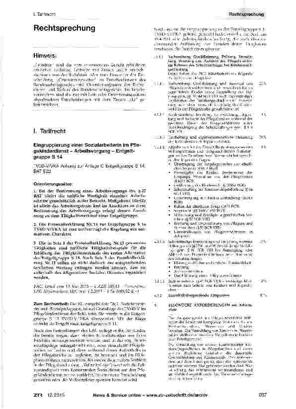 Vorschauseite 1: Eingruppierung einer Sozialarbeiterin im Pfle-gekinderdienst - Arbeitsvorgang - Entgeltgruppe S 14