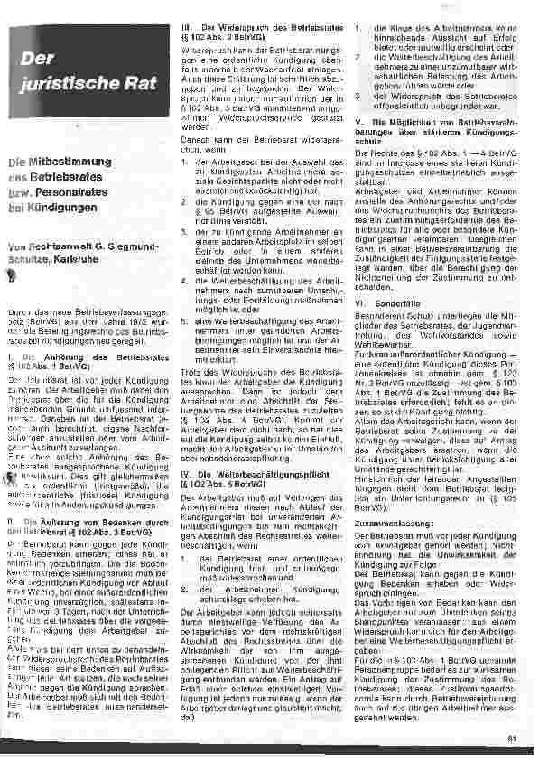 Vorschauseite 1: Der juristische Rat Die Mitbestimmung des Betriebsrates bzw. Personalrates bei Kündigungen