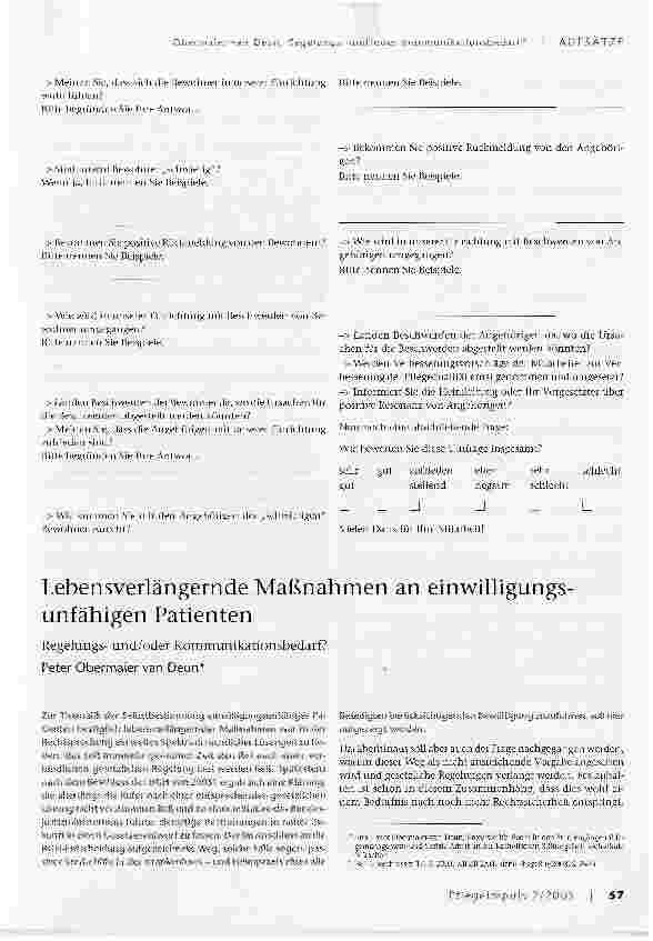 Vorschauseite 1: Lebensverlängernde Maßnahmen an einwilligungsunfähigen PatientenRegelungsund/oder Kommunikationsbedarf?