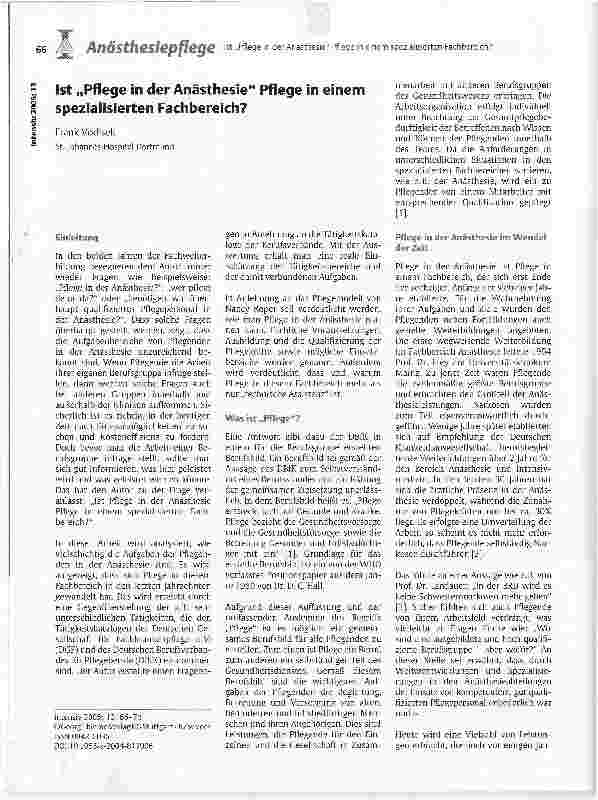 Vorschauseite 1: Ist Pflege in der Anästhesie Pflege in einem spezialisierten Fachbereich?