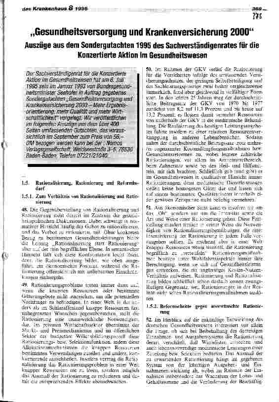 Vorschauseite 1: Gesundheitsversorgung und Krankenversicherung 2000 Auszüge aus dem Sondergutachten 1995 des Sachverständigenrates für die Konzertierte Aktion im Gesundheitswesen
