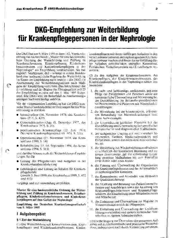 Vorschauseite 1: DKG-Empfehlung zur Weiterbildung für Krankenpflegepersonen in der Nephrologie