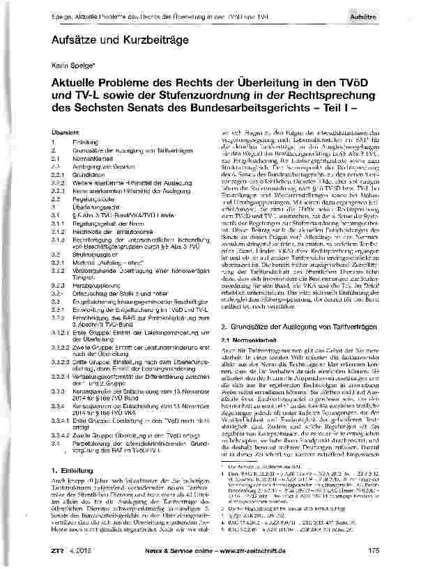 Vorschauseite 1: Aktuelle Probleme des Rechts der Überleitung in den TVöD und TV-L sowie der Stufenzuordnung in der Rechtsprechung des Sechsten Senats des Bundesarbeitsgerichts - Teil I -