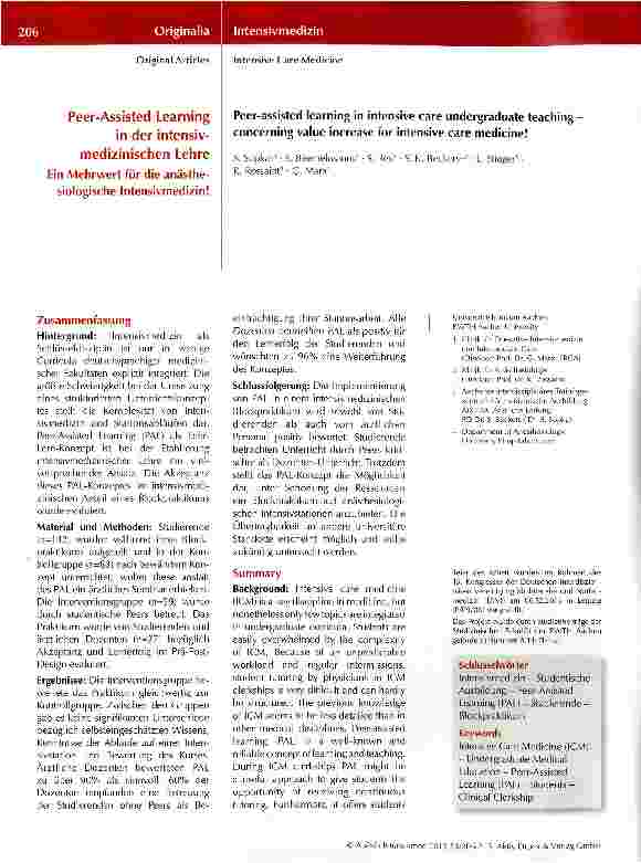 Vorschauseite 1: Peer-Assisted Learning in der intensivmedizinischen Lehre Ein Mehrwert für die anästhesiologische Intensivmedizin!