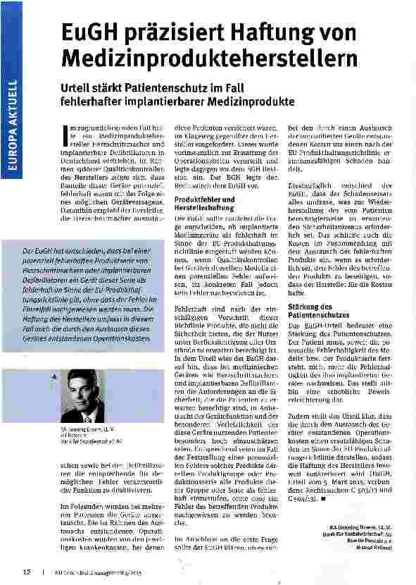 Vorschauseite 1: EuGH präzisiert Haftung von Medizinprodukteherstellern
