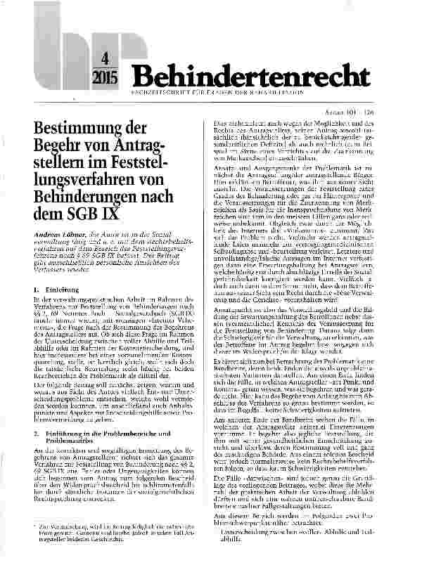 Vorschauseite 1: Bestimmung der Beeehr von Antragstellern im Feststel-lungsverfahren von Behinderungen nach dem SGBIX