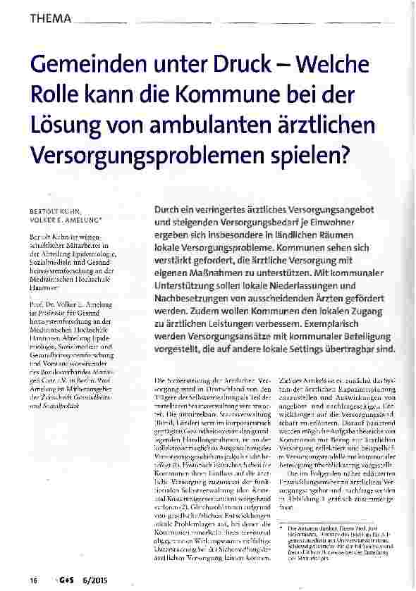 Vorschauseite 1: Gemeinden unter Druck-Welche Rolle kann die Kommune bei der Lösung von ambulanten ärztlichen Versorgungsproblemen spielen?