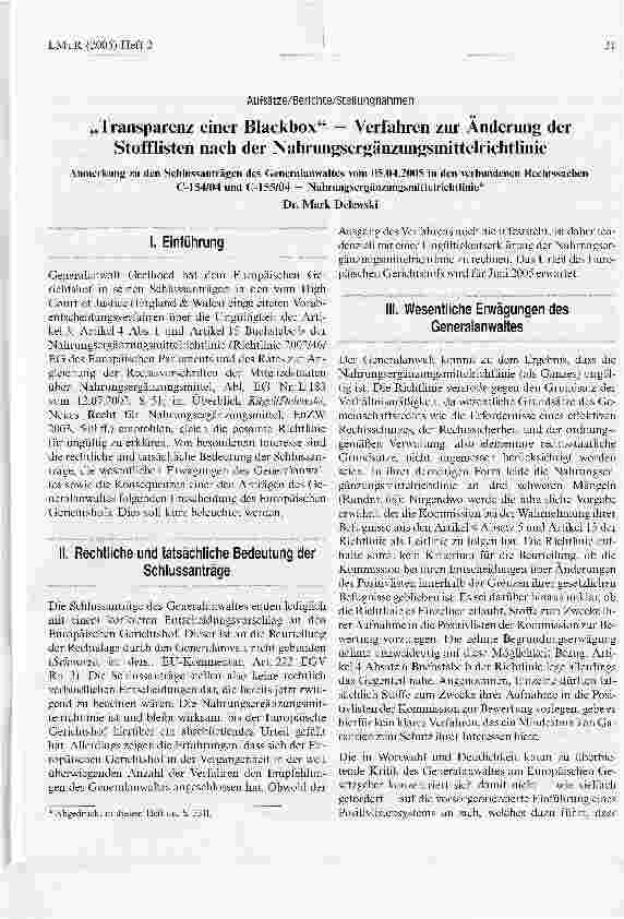 Vorschauseite 1: Transparenz einer Blackbox - Verfahren zur Änderung der Stofflisten nach der Nahrungsergänzungsmittelrichtlinie
