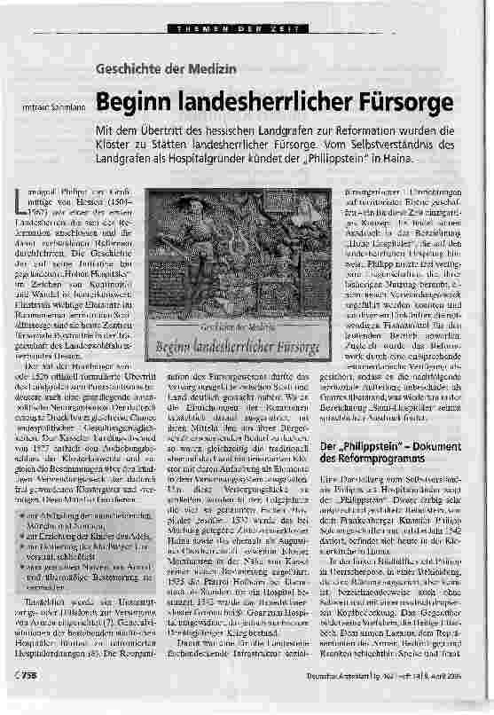 Vorschauseite 1: Beginn landesherrlicher FürsorgeGeschichte der Medizin