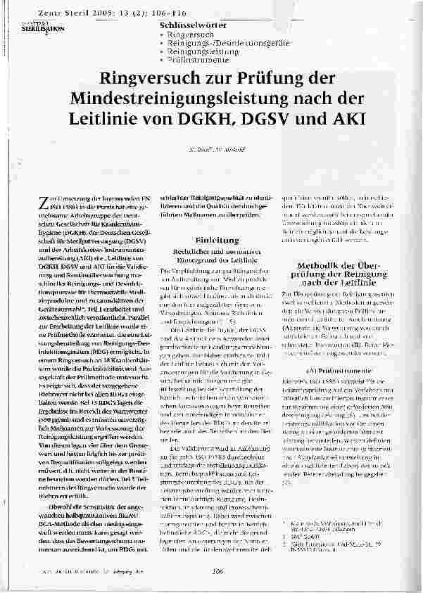 Vorschauseite 1: Ringversuch zur Prüfung der Mindestreinigungsleistung nach der Leitlinie von DGKH, DGSV und AKI