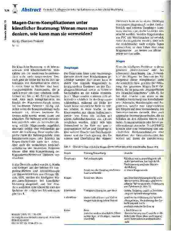 Vorschauseite 1: Magen-Darm-Komplikationen unter künstlicher Beatmung: Woran muss man denken, wie kann man sie vermeiden?